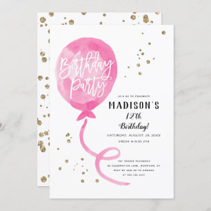 Invitation Anniversaire rose de confettis d'or de ballon