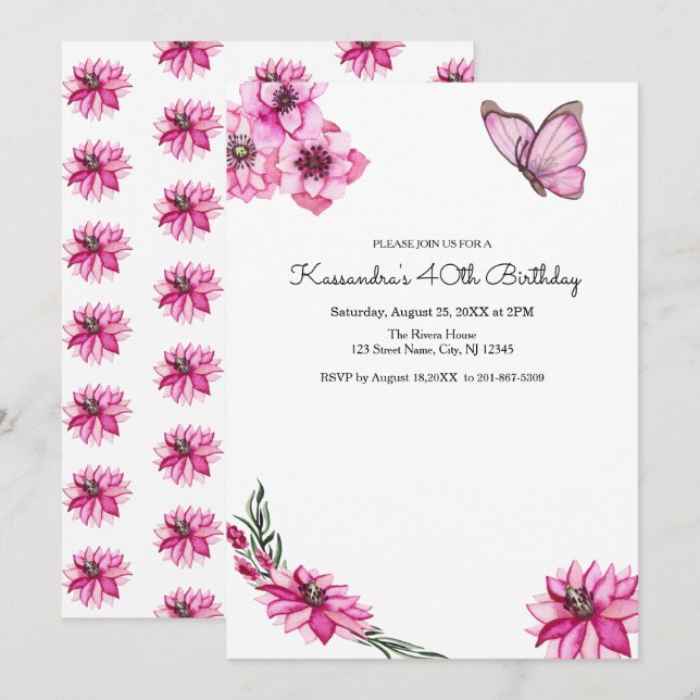 Invitation Anniversaire rose de fleurs et de papillon (Devant / Derrière)
