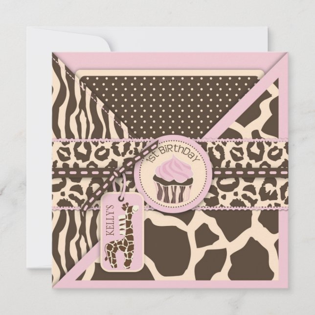 Invitation Anniversaire rose de girafe et de petit gâteau de (Devant)