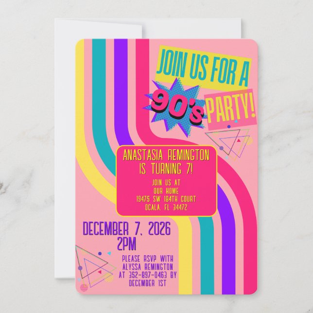 Invitation Anniversaire rose de la fête des années 90 (Devant)