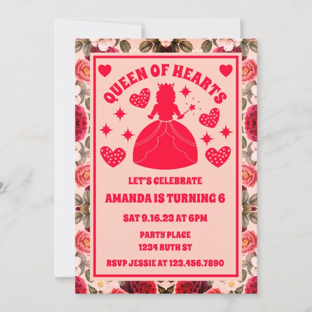 Invitation Anniversaire Rose De La Reine Des Coeurs (Devant)