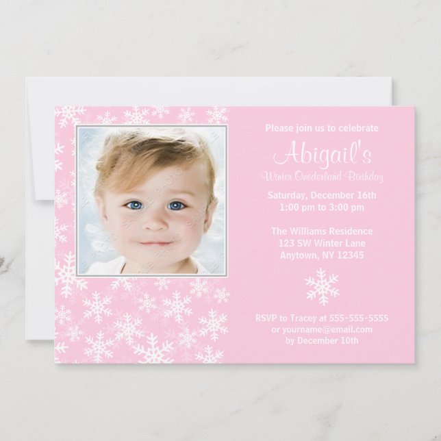 Invitation Anniversaire rose de photo d'Onederland d'hiver de (Devant)