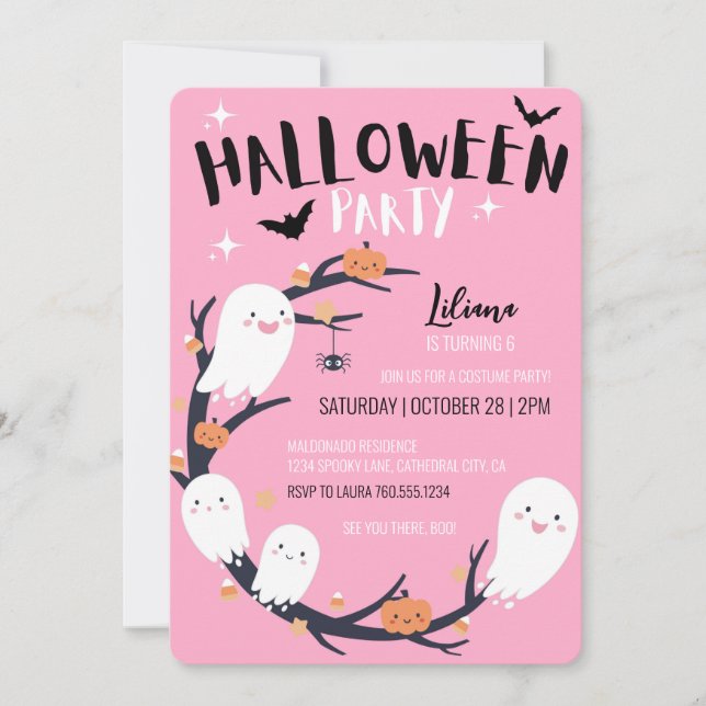Invitation Anniversaire rose d'Halloween (Devant)