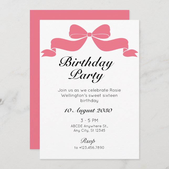 Invitation Anniversaire rose doux ruban de cravate arc (Devant / Derrière)