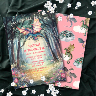 Invitation Anniversaire rose Enchanted Forêt Dragon