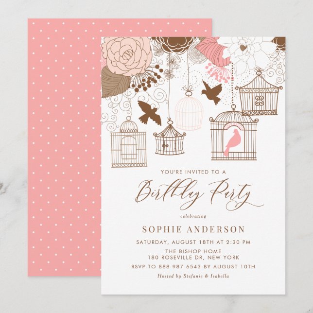 Invitation Anniversaire rose et Brown Vintage (Devant / Derrière)