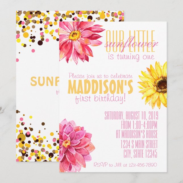 Invitation Anniversaire rose et jaune de tournesol (Devant / Derrière)