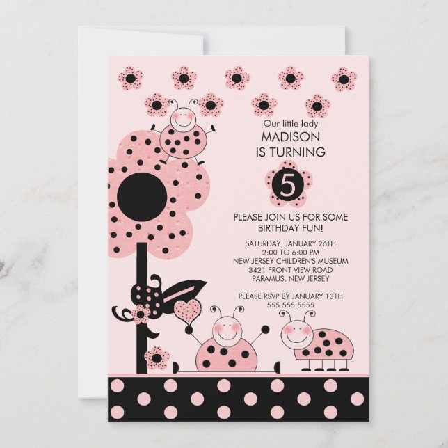 Invitation Anniversaire rose et noir de Ladybugs (Devant)