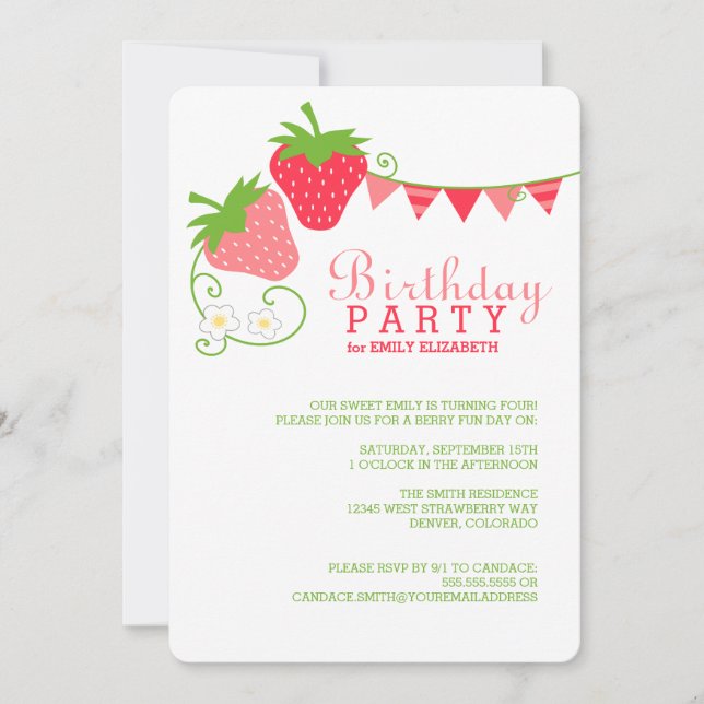 Invitation Anniversaire rose et vert des fraises (Devant)