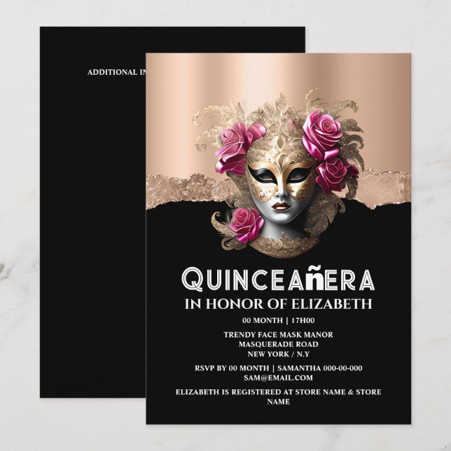 Invitation Anniversaire rose mascarade filles quinceañera (Devant / Derrière)