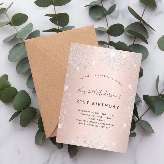 Invitation Anniversaire rose or argent parties scintillant po (Créateur téléchargé)