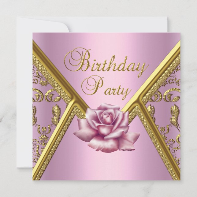Invitation Anniversaire Rose Rose Damask Gold Image (Devant)
