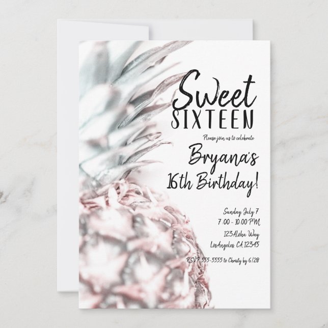 Invitation Anniversaire rose Tropical Ananas Sweet 16 (Devant)