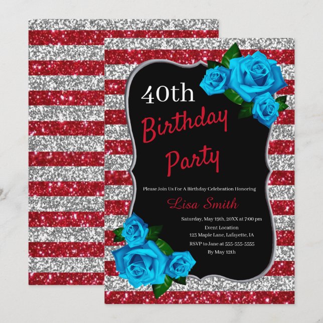 Invitation Anniversaire Rouge Argent Parties scintillant Bleu (Devant / Derrière)