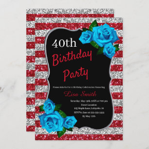 Invitation Anniversaire Rouge Argent Parties scintillant Bleu