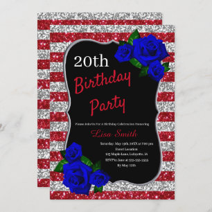 Invitation Anniversaire Rouge Argent Parties scintillant Bleu