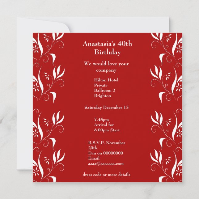 Invitation Anniversaire Rouge avec Floral Blanc (Devant)