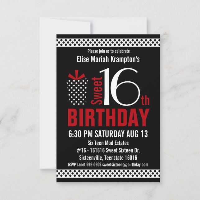 Invitation Anniversaire rouge noir du bonbon 16 à petits pois (Devant)