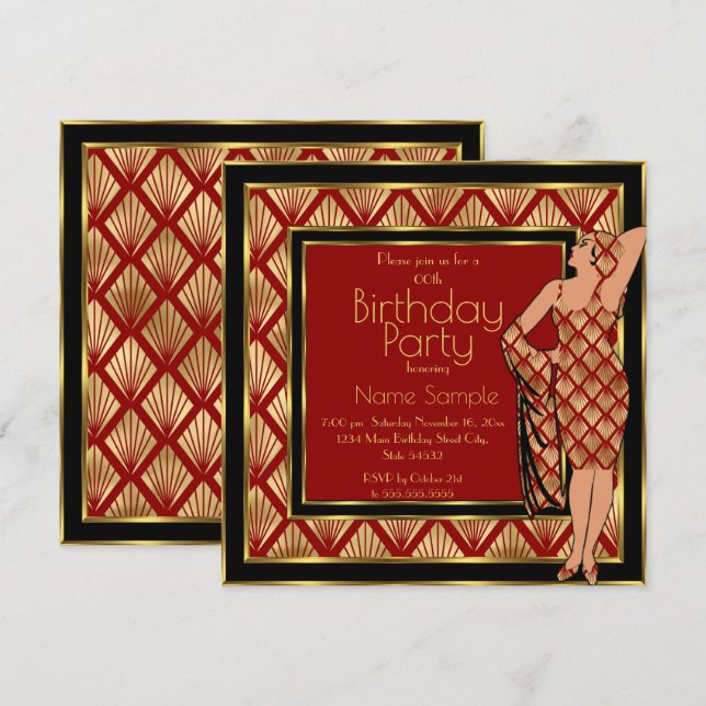 Invitation Anniversaire Rouge Noir Or Art Déco 1930 Dame 2 (Devant / Derrière)