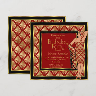 Invitation Anniversaire Rouge Noir Or Art Déco 1930 Dame 2