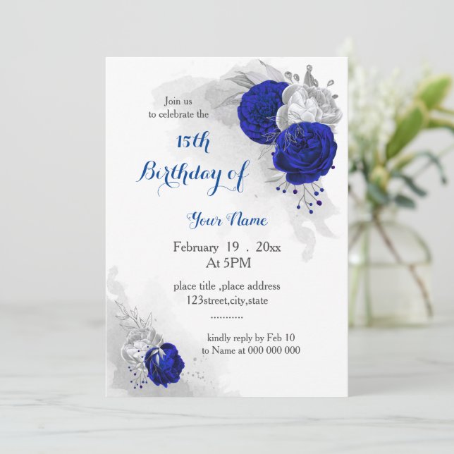 Invitation anniversaire royal bleu argent floral (Debout devant)