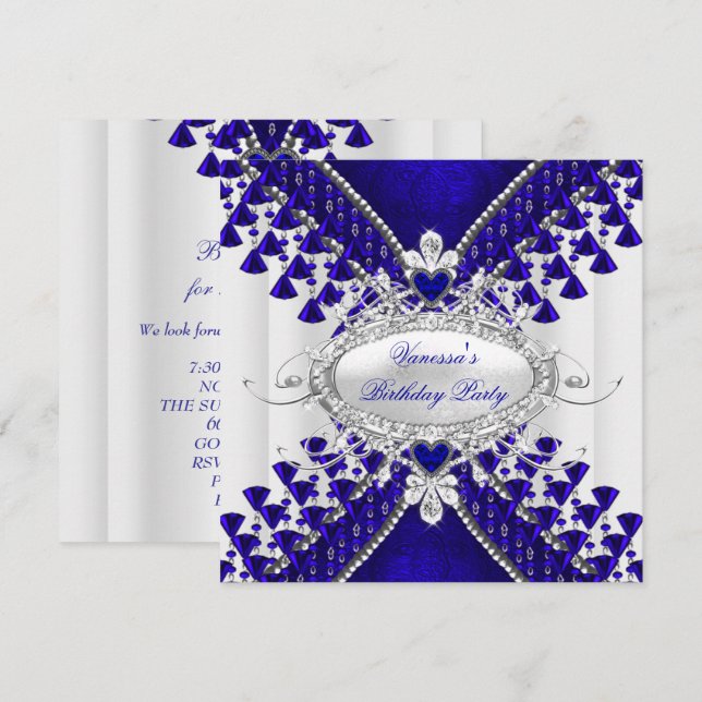 Invitation Anniversaire Royal Bleu Blanc Coeur Diamond (Devant / Derrière)
