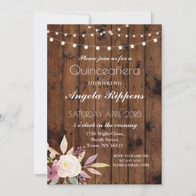 Invitation Anniversaire Rustique Bois Quinceanera Fleur Invit (Devant)