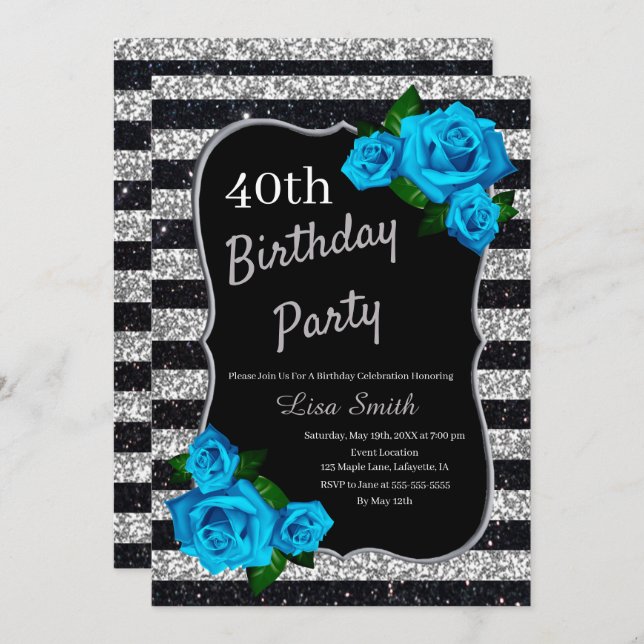 Invitation Anniversaire Silver Black Stripes Parties scintill (Devant / Derrière)