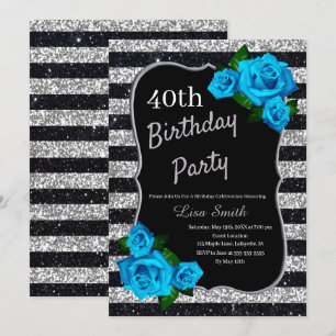 Invitation Anniversaire Silver Black Stripes Parties scintill