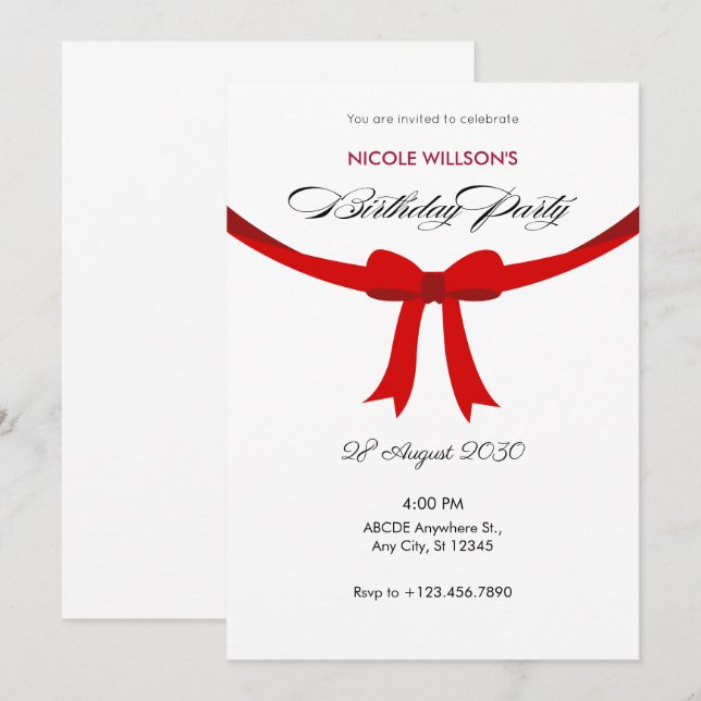 Invitation Anniversaire simple élégant ruban rouge (Devant / Derrière)