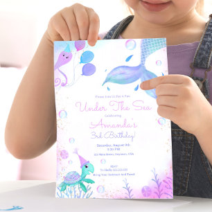 Invitation Anniversaire Sirène et Tortue de Mer Sous L'Océan