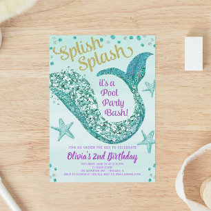 Invitation Anniversaire Sirène Piscine Turquoise Or Violet