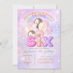 Invitation Anniversaire Six Ballons Pailletés Arc-en-Ciel