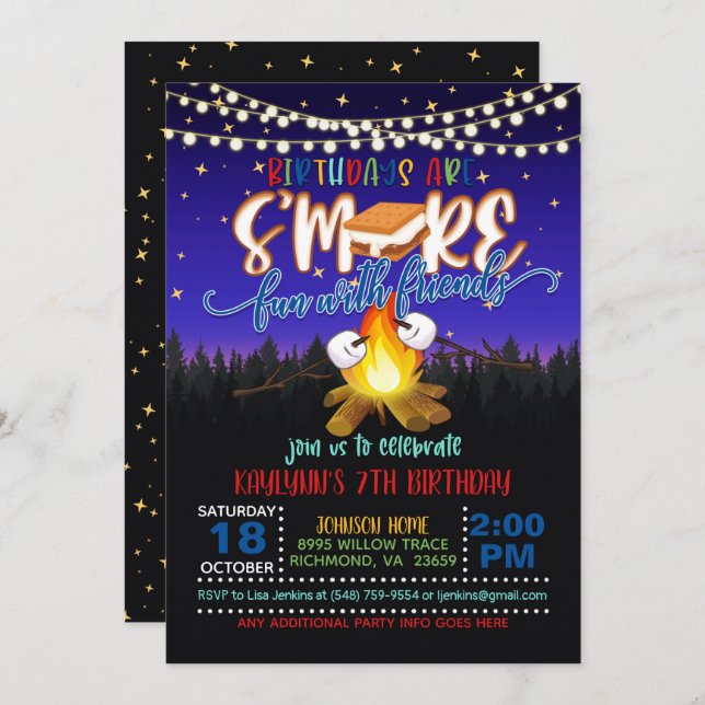 Invitation Anniversaire S'more Amusant avec les amis Invitati (Devant / Derrière)