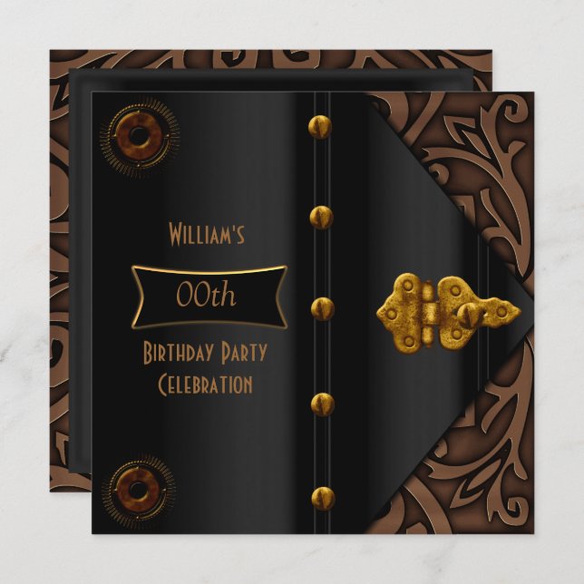 Invitation Anniversaire Soirée Elégante Or Black Steampunk (Devant / Derrière)