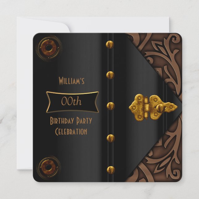 Invitation Anniversaire Soirée Elégante Or Black Steampunk (Devant)