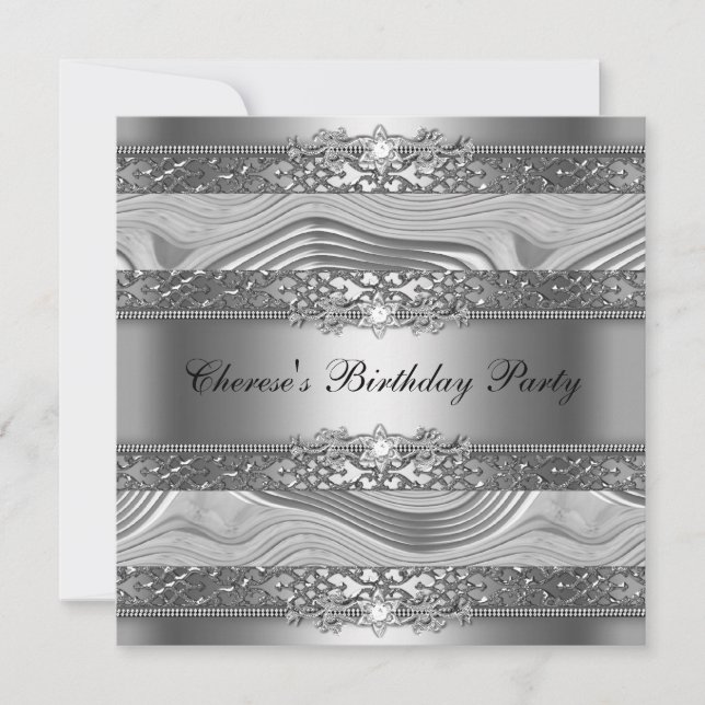 Invitation Anniversaire Soirée Elégante Silver Swirl Diamond  (Devant)