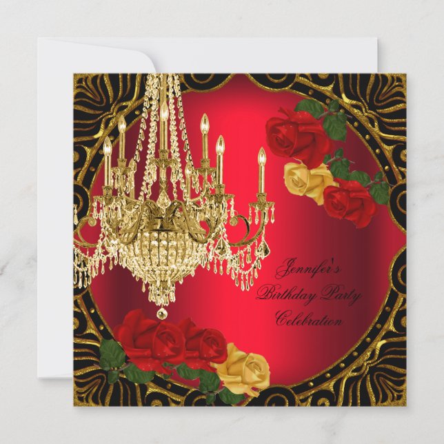Invitation Anniversaire Soirée Gold Rouge Rose jaune (Devant)