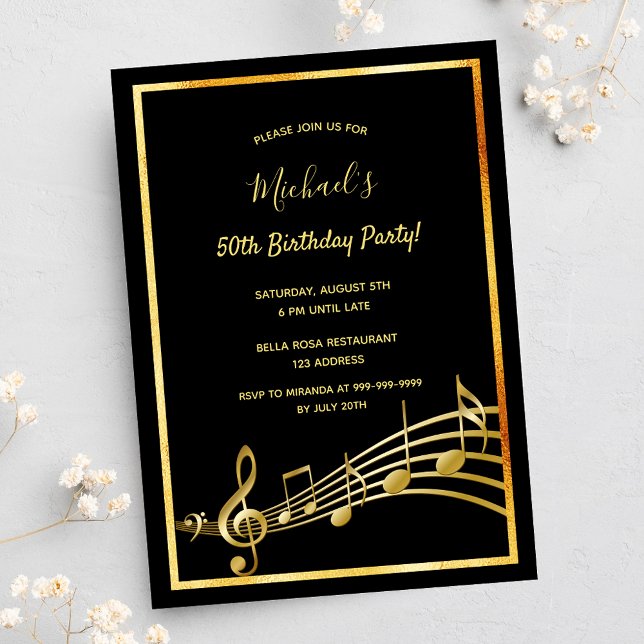 Invitation Anniversaire soirée noir note de musique or (Créateur téléchargé)