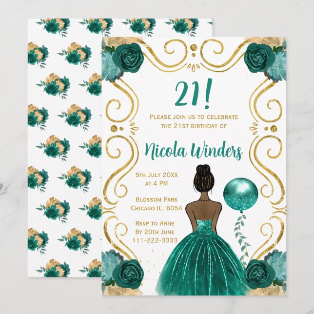 Invitation Anniversaire Soirée noire Princesse en Turquoise (Devant / Derrière)