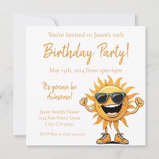 Invitation Anniversaire Soleil souriant avec lunettes de sole (Devant)