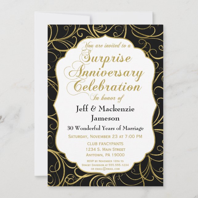 Invitation Anniversaire Surprise Black Gold Swirl (Devant)
