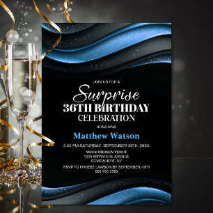 Invitation Anniversaire Surprise Moderne Noir et Bleu Tous Âg