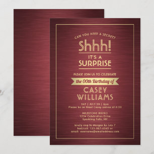 Invitation Anniversaire Surprise Party Brossé Bourgogne et or