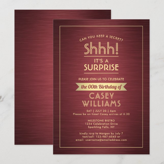 Invitation Anniversaire Surprise Party Brossé Bourgogne et or (Devant / Derrière)