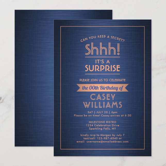 Invitation Anniversaire Surprise Party Brossé Marine bleu & c (Devant / Derrière)