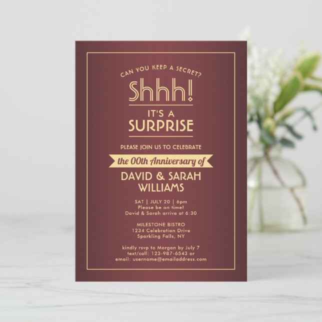 Invitation Anniversaire Surprise Party Elégant Bourgogne & Or (Debout devant)
