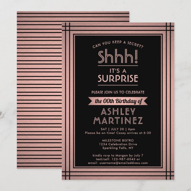 Invitation Anniversaire Surprise Party Élégant Rose Gold & Bl (Devant / Derrière)
