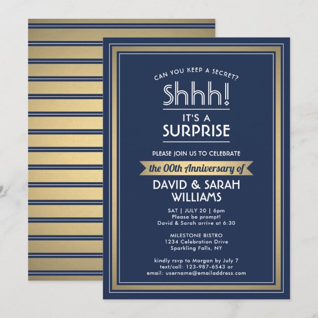 Invitation Anniversaire Surprise Party Marine Bleu, Blanc & O (Devant / Derrière)