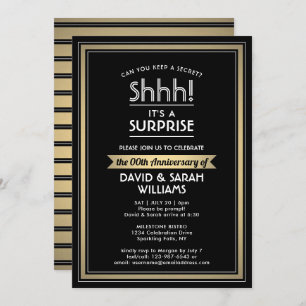 Invitation Anniversaire Surprise Party Noir, Blanc et Or
